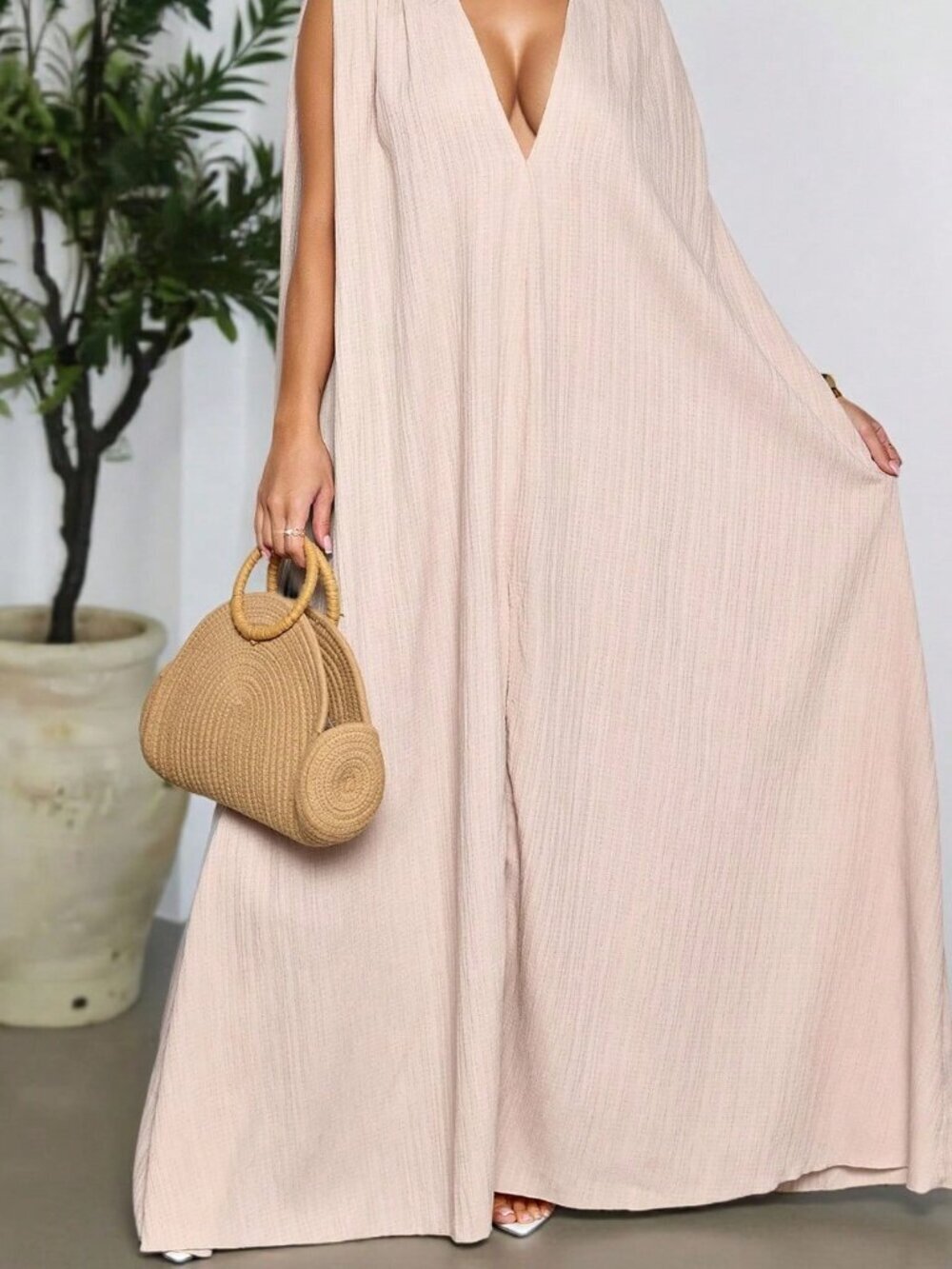 Khaki Boho Casual Women's Tropical Deep V Neck Backless Maxi Dress - Picture 3 of 8